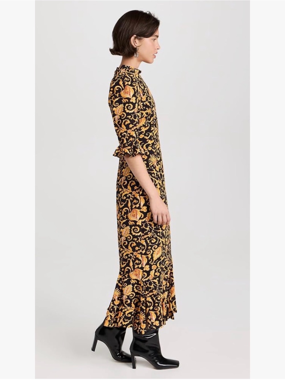 RHODE Felix Dress Black & Gold Floral Midi Dress with Ruffle Hem Sz 10 - Picture 6 of 17
